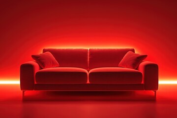 A red couch and pillows are set against a red wall