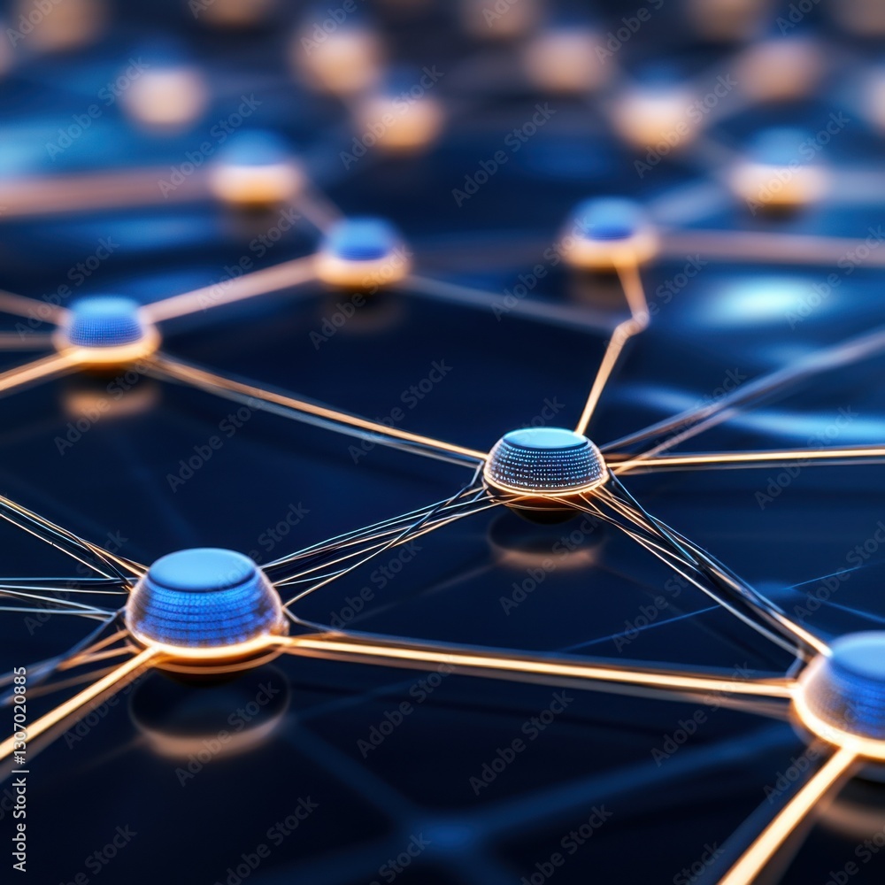 Poster futuristic network of interconnected nodes with glowing edges on a dark background.