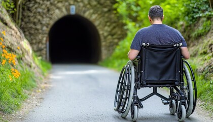 A person in a wheelchair approaches a dark tunnel surrounded by greenery.