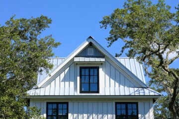 White Board And Batten in Destin, Florida - Bungalow House with Peak Roof and Black Trim