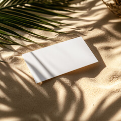 Blank white business card mockup on textured sand beach with palm leaf shadows