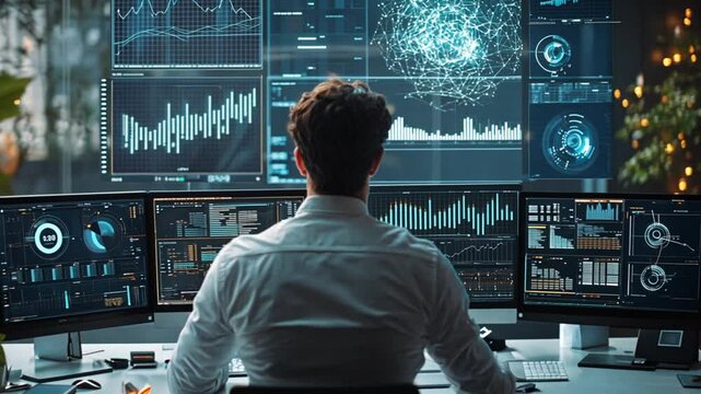 Analyst deeply engrossed analyzing real time financial data displayed across multiple screens in a modern high tech office environment