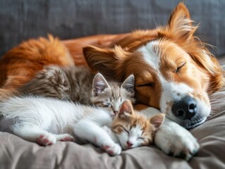 Cozy dog and kittens peacefully sleeping together indoors