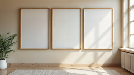 Fototapeta premium Three white framed pictures on a wall