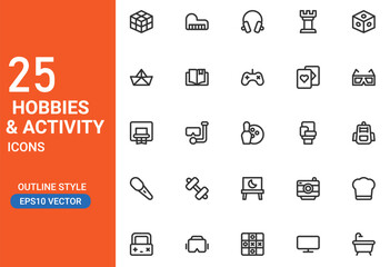 Hobbies and Activity Line Icons Set. 25 outline vector icons illustrating leisure activities, hobbies, sports, entertainment, and creative pastimes. Editable stroke vector illustration.