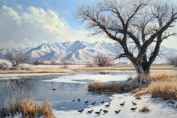 Winter Morning at Owens Valley: Lake Landscape with Icy Duck Pond