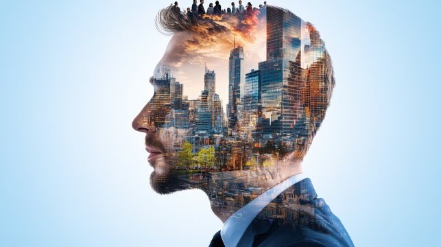 A silhouette of a man with a cityscape overlay, symbolizing urban life and ambition.