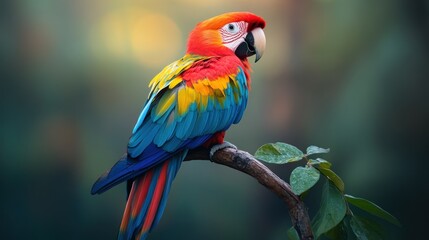 Scarlet Macaw perched jungle branch, bokeh background, wildlife poster