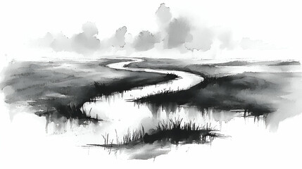 Fototapeta premium Monochrome river meandering through grassy wetlands under cloudy sky, ideal for peaceful nature design
