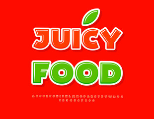 Vector Advertising signboard Juicy Food. Glossy Red Font. Classic Alphabet Letters and Numbers set.