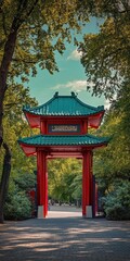 Zoo Gate Berlin: Red Pagoda Style Entrance with Green Trees Under Blue Sky