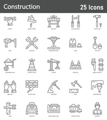Construction Line Icons Set. 25 outline vector icons depicting construction sites, heavy-duty instruments, worksite gear, structural elements, and industrial operations. Editable stroke