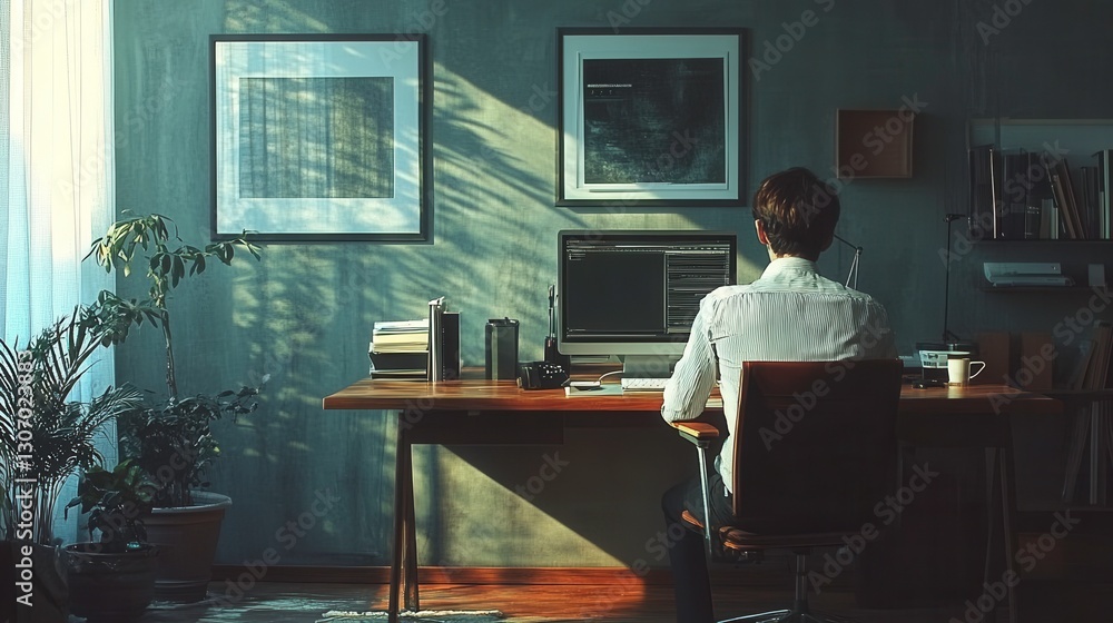 Poster a person sits at a desk in a well-lit room, working on a computer with a serene atmosphere created b
