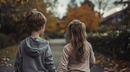 Fototapeta premium A girl and a boy holding hands, gazing into the distance