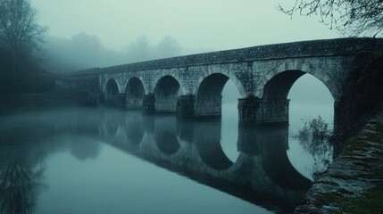 Misty Morning, Stone Arch Bridge Over Calm River