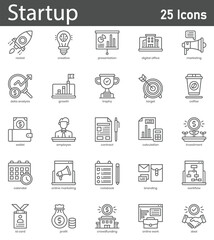 Startup Line Icons Set. Collection of 25 outline icons representing business, entrepreneurship, innovation, growth, and startup essentials. Editable stroke vector illustration.