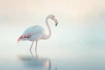 Naklejka premium A flamingo in soft morning light, gentle shadows adding depth.