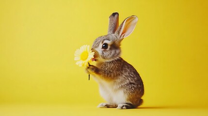 Whimsical Bunny Holding a Flower on a Bright Yellow Canvas &ndash; A Sweet and Cheerful Touch of Nature