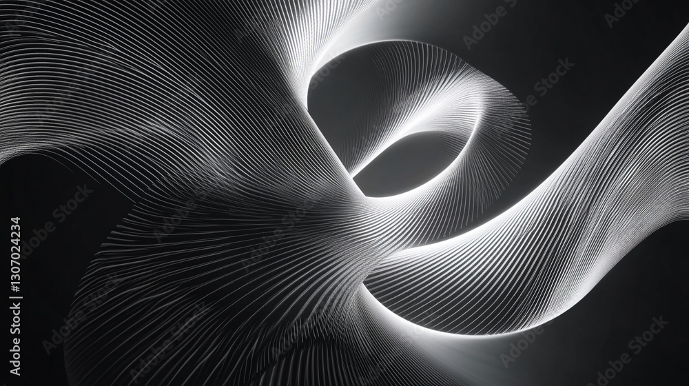 Poster Abstract grayscale image of flowing, linear curves creating a dynamic, swirling pattern, suggesting movement and energy, suitable for modern design concepts