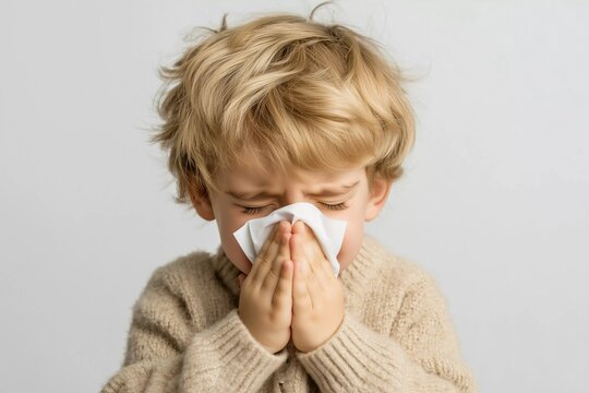 Young boy blowing his nose into white tissue, white background, concept of sickness, allergy, or cold and flu symptoms