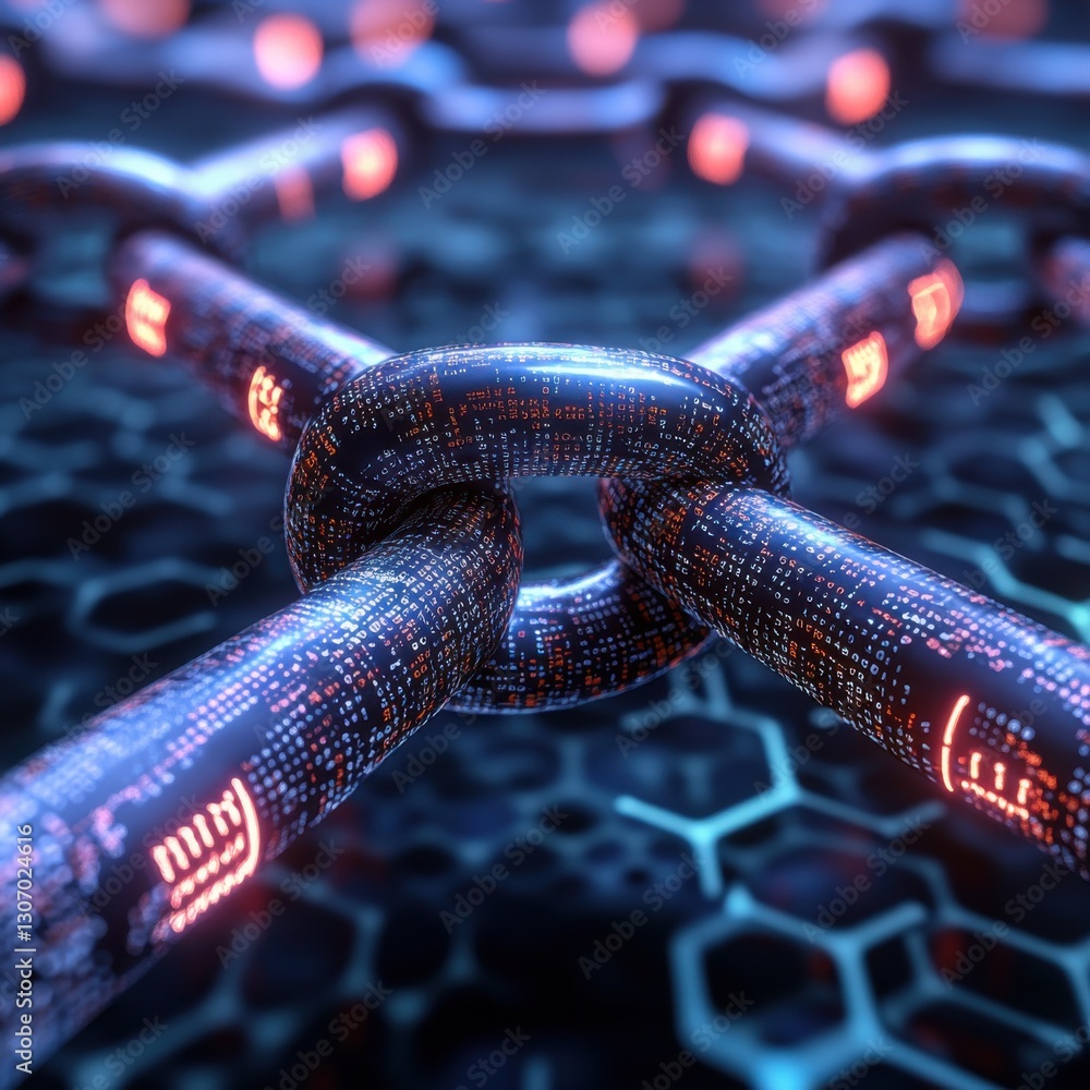 Poster digital representation of interconnected chains with glowing elements, symbolizing technology and co