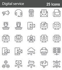 Digital Service Line Icons Set. 25 outline vector icons depicting online services, digital platforms, internet solutions, cloud tools, and technology applications. Editable stroke vector illustration.