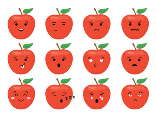 Apple cute emotional face. Fruit character with different emotions, red apples angry smile sad happy. Isolated message stickers, kids mascot, neoteric vector set