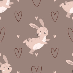 Vector of Minimalist Scandinavian-style seamless bunny pattern in neutral beige and brown hues, with charming floral and heart details, ideal for children s decor, wallpaper, cozy fabric prints