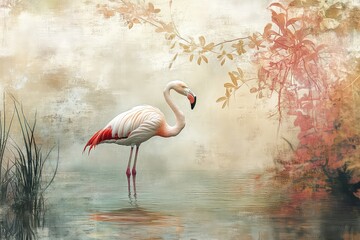A flamingo rendered in soft, dreamy colors with gentle water reflections.