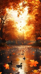 Fototapeta premium Autumn Leaves, Ducks, & Sunlight on a River