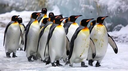 Fototapeta premium A group of penguins socializing on icy terrain in their natural habitat