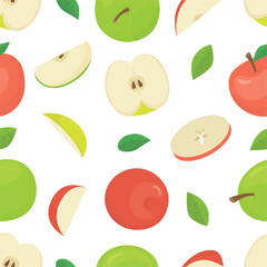 Cartoon apple seamless pattern. Green red apples, halves slices and pieces. Fruit print design for fabric wrapping wallpaper, fresh food neoteric vector background