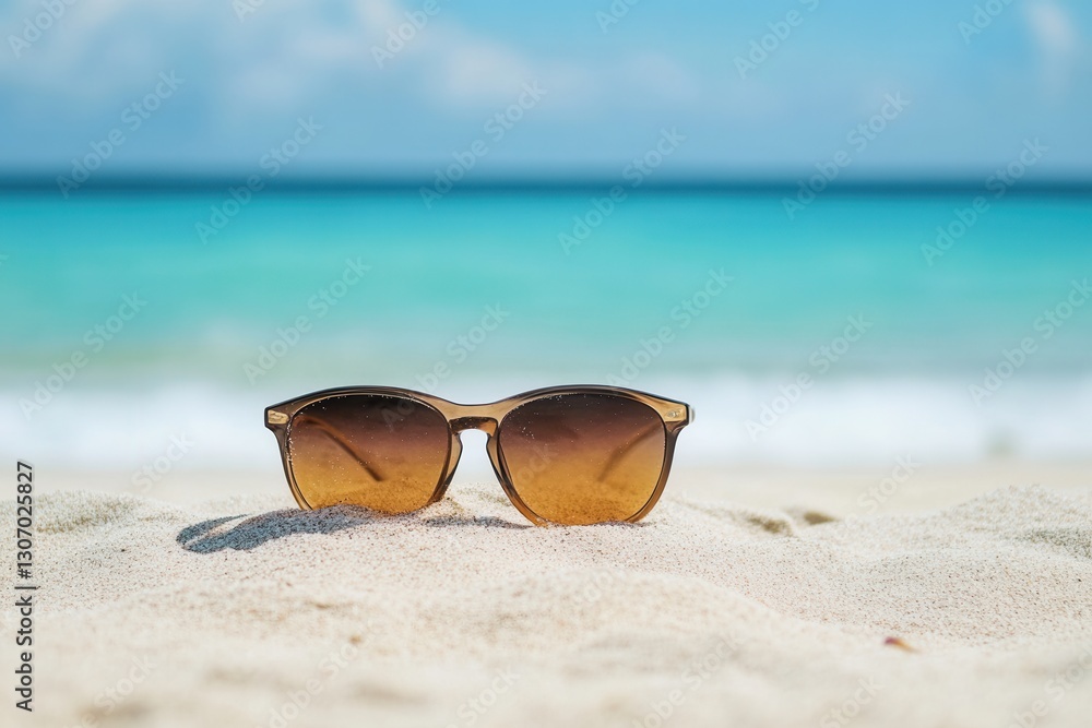 Poster sunlight glistens on sandy beach with sunglasses resting on shore and turquoise waters in background