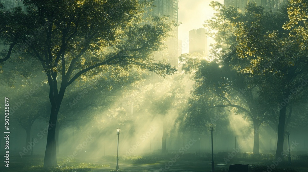Poster A serene forest scene with soft sunlight filtering through trees, creating a mystical atmosphere in a misty environment.