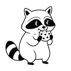 Funny Raccoon Stealing Cookie Black and White Vector - Cartoon Clipart