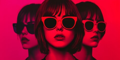 A striking, vibrant portrait featuring a woman in stylish sunglasses against a bold gradient background, showcasing a modern and edgy aesthetic.