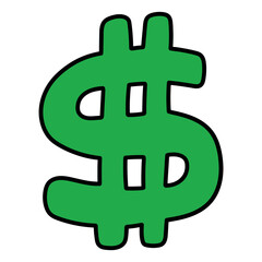 Hand drawn cartoon green dollar sign on white background.