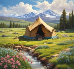 Illustration of camping with tant and wild landcape.