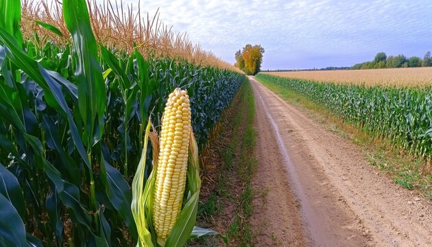 A cornfield pathway with ripe corn on one side, surrounded by lush green crops under a cloudy sky.