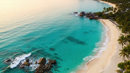 Serene tropical beach with clear turquoise water, white sand, and palm trees under a beautiful sunset sky