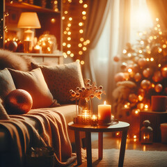  A cozy and warmly lit living space with a strong hygge-inspired atmosphere A wooden coffee table in the foreground holds an assortment of glowing candles, a rustic lantern, and a book