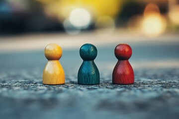 Diverse figurines on pavement, urban background