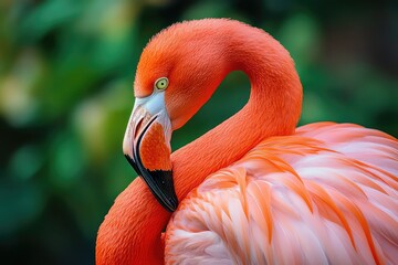 A flamingo twisting its long neck to scratch its back with its beak.