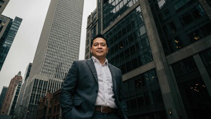 Fototapeta premium Professional man stands confidently in urban setting surrounded by modern skyscrapers, symbolizing business success and modernity