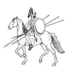 Ancient Nubian rider in attack. Antique and Medieval Cavalry Drawing.