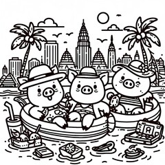 Coloring book Pig pals float in a cityscape oasis! Cute line art, perfect for coloring
