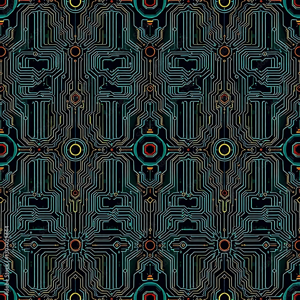 Poster circuit board pattern: a digital, high-tech design of interconnected circuitry, showcasing vibrant l