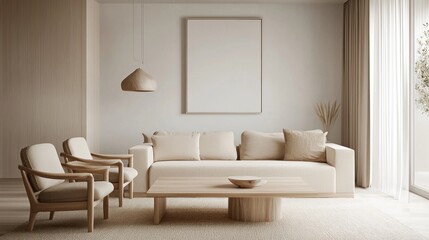 Obraz premium A modern interior living room with beige furniture and empty frame