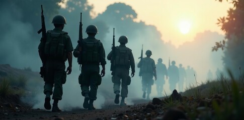 Silhouette of Thai soldiers in full gear, rifles raised, walking through a smoky battlefield , mission, military operation, movement