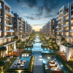  a luxurious residential complex at dusk, featuring modern multi-story buildings with large glass windows and spacious balconies The architecture blends contemporary and classic elements, surrounded 